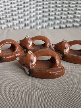 Vtg Foxfield Ceramic Napkin Rings Signed Woodland Fox Set Of 4 Tablescape Collec